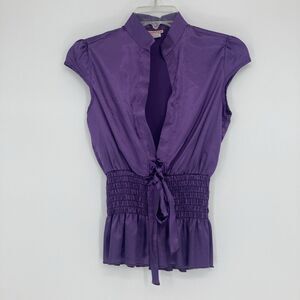 Vintage Y2K Smocked Waist Blouse Size SMALL Purple Satin Whimsigoth Dark Fairy